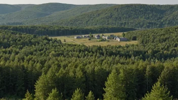 Et fredelig skoglandskap med rullende åser og spredte bygninger.