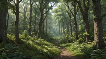 Et fredelig og naturlig skoglandskap med en variasjon av plantearter.