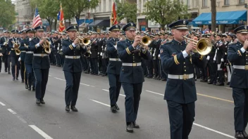 Et militært orkester som spiller i en parade.