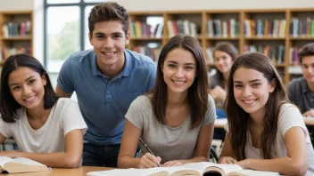 En gruppe studenter som studerer sammen, med fokus på en student som ser på seeren med et vennlig smil.