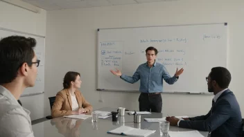 En møtedirigent som står foran en whiteboard og leder en diskusjon med flere mennesker som sitter rundt et bord.