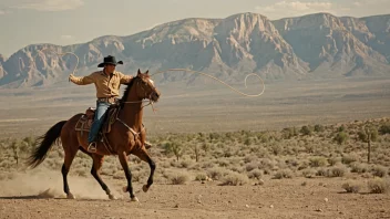 En cowboy som utfører et lassotrick på en hest.