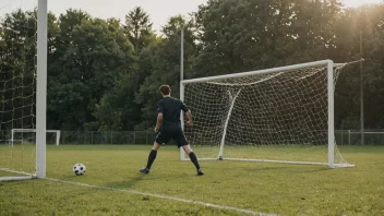 En person som skyter en fotball inn i mål, med en grønn gressbane i bakgrunnen.