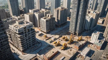 Et bilde av en byggeplass med bygninger og infrastruktur i ulike faser av utvikling.