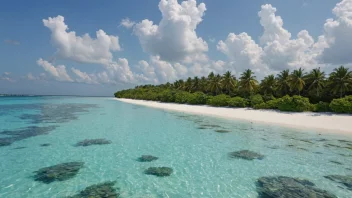 En vakker strand på Maldivene med krystallklart vann og korallrev.