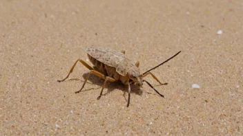 En sandbunn, et lite insekt med en rund kropp og lange antenner, vises i nærbilde på en sandflate.