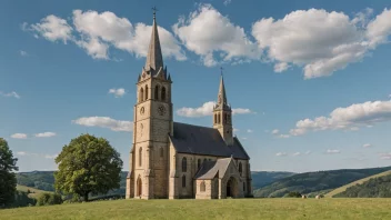 En middelalderkirke med et høyt tårn og intrikate steinutskjæringer.