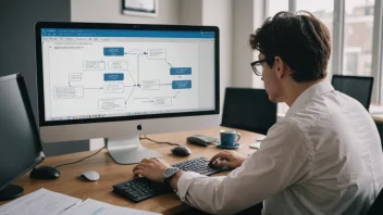 En person i et kontormiljø, som ser på en dataskjerm med et flytdiagram av en meldingsrutine på.