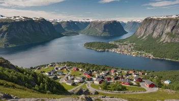 En pittoresk landsby i Norge med tradisjonelle hus og en storslagen natur.