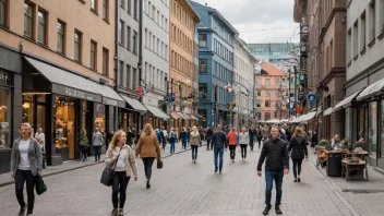 En livlig gate i Oslo med mennesker som går og handler