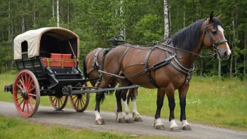 En tradisjonell norsk hestevogn i en landlig setting.