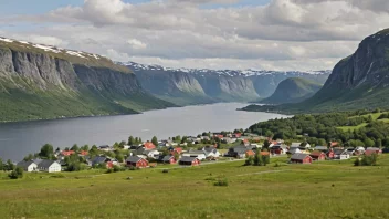 Et pittoreskt norsk landskap med en liten bosetning i bakgrunnen.