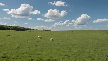 Et fredelig landskap av en eng med beitende dyr.