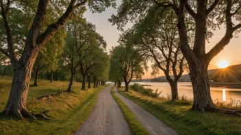 En historisk kongelig veg i Norge, omgitt av natur og gamle trær.