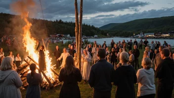 En midtsommerfeiring i Norge, med mennesker samlet rundt et bål og en tradisjonell midtsommerstang.